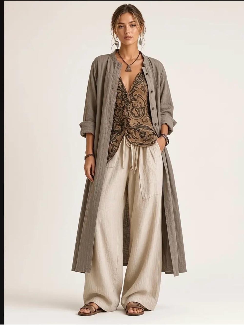 Neutral Taupe Long Duster Coat with Beige Wide-Leg Pants